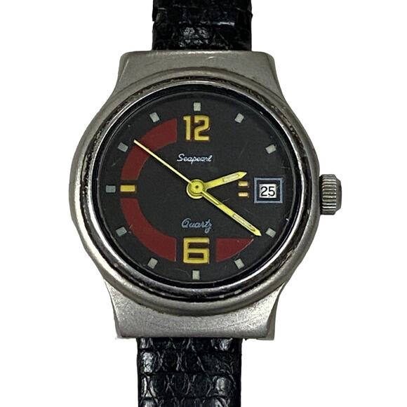 Vintage Women\'s BELAIR Seapearl Quartz Date Watch w/ Spiedel Black Leather Band